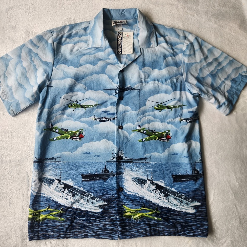Vtg Aloha Republic Hawaiian Button Shirt Med Battleship Navy Military USA NWT